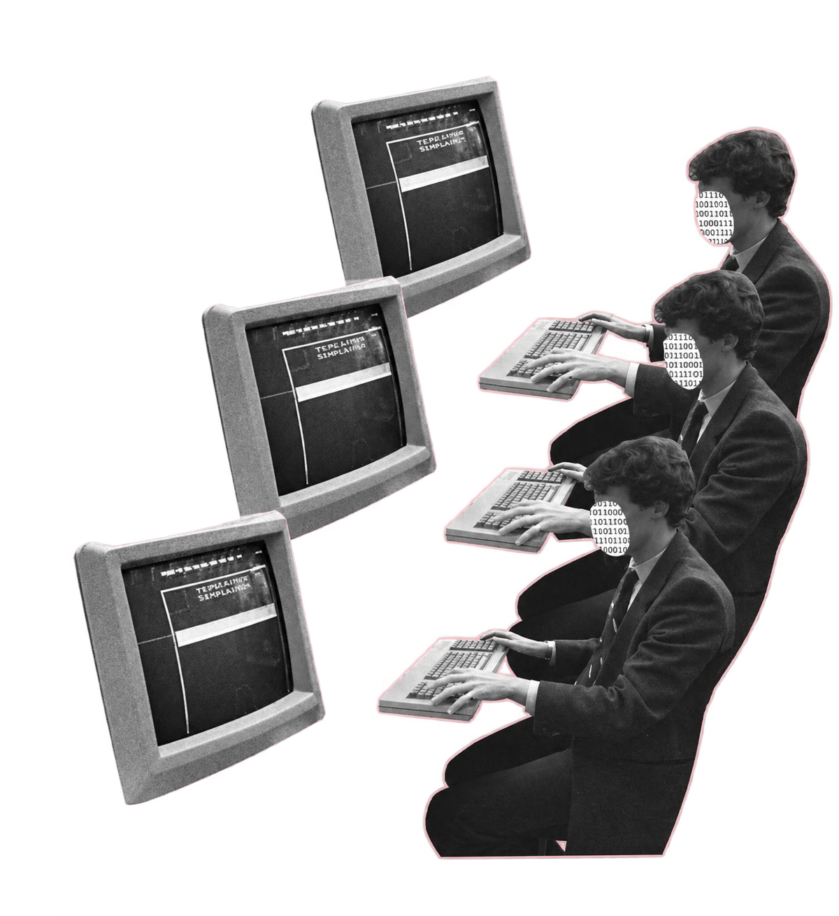 Three people working at keyboards opposite computer screens